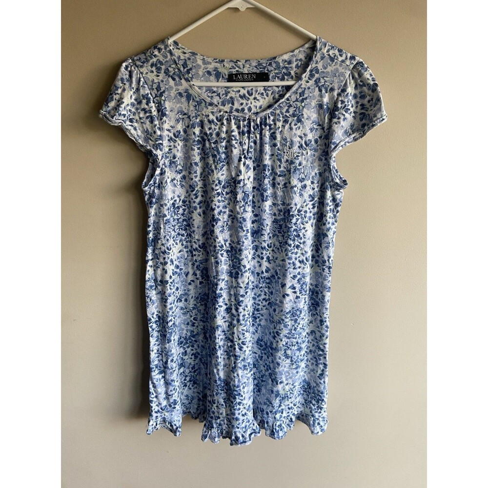 Lauren Ralph Lauren Black Label Night Gown Cap Sleeves Medium Blue Floral